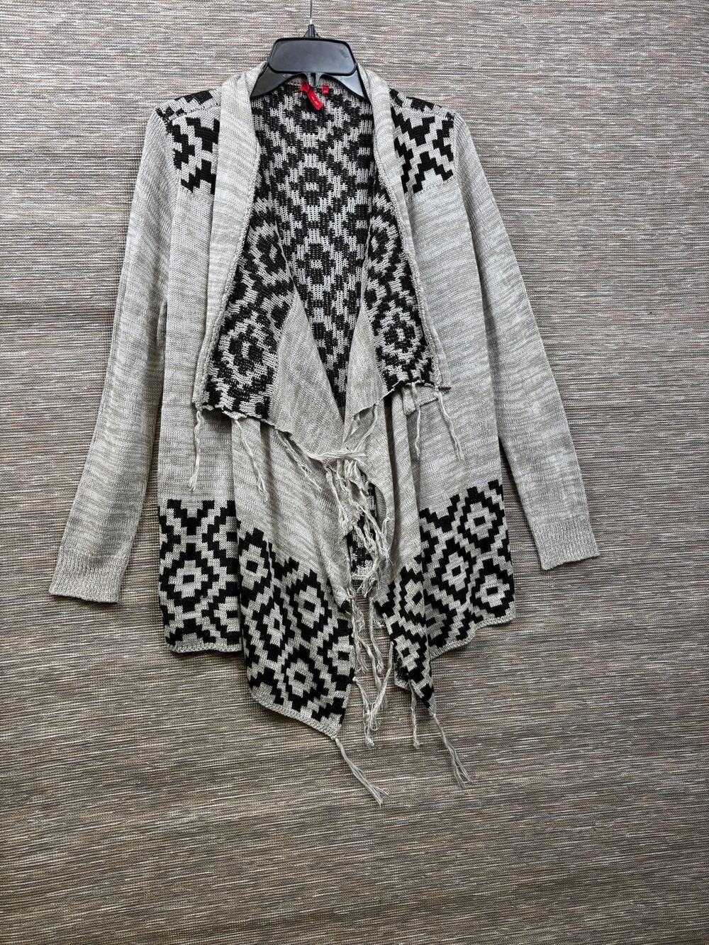 Red Camel Cardigan Sweater Womens M Gray Aztec Geometric Fringe Open Front Knit